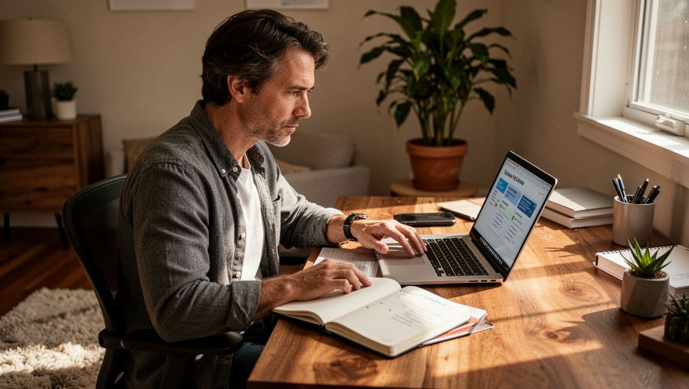 A focused person sits at a desk viewing a laptop screen while referencing a paper notebook. Warm ambient light illuminates the workspace to highlight the careful review of service options.