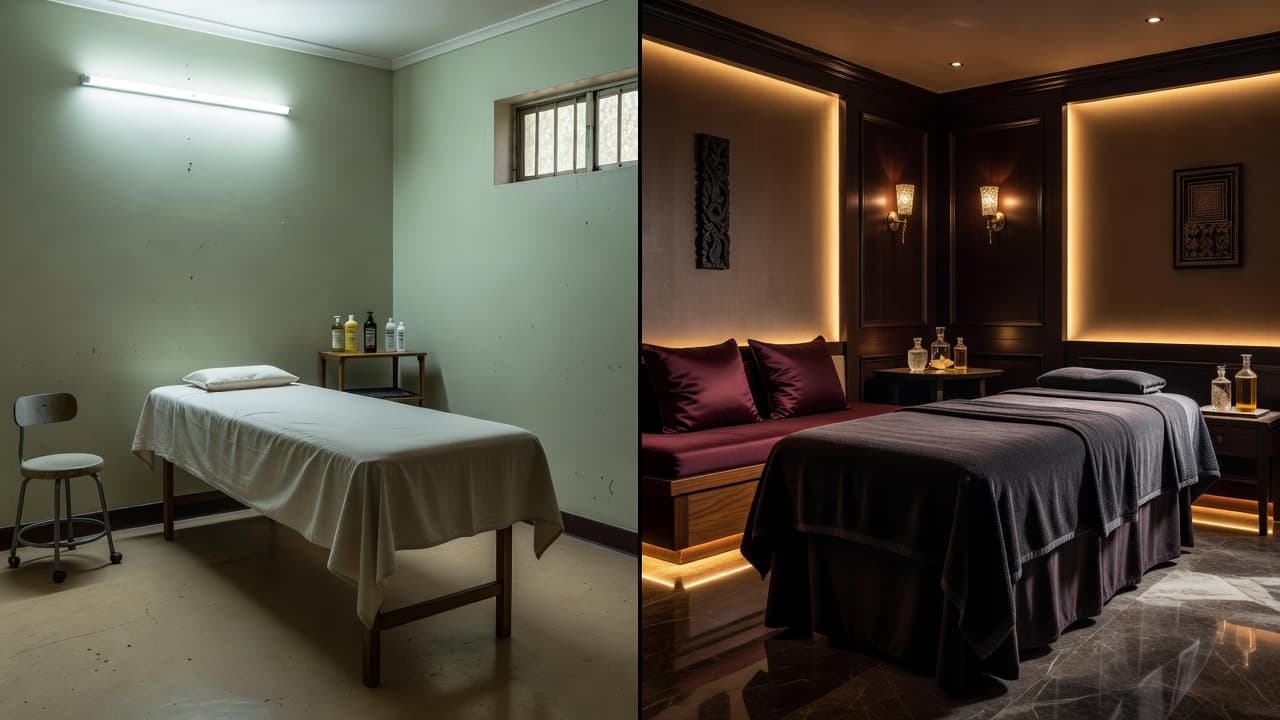 A split screen displays a minimalist, bright clinic room on the left, contrasting with a dark, opulent spa suite on the right featuring plush linens and elegant, glowing warm accent lighting.