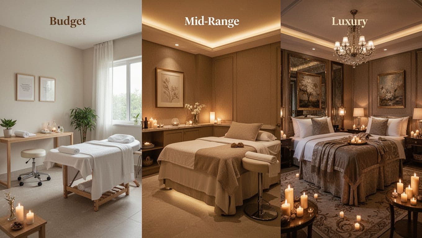 A split-screen comparison displays a minimalist budget clinic, a warm mid-range spa, and a plush luxury hotel suite. These distinct environments illustrate the varying levels of professional therapeutic massage available locally.