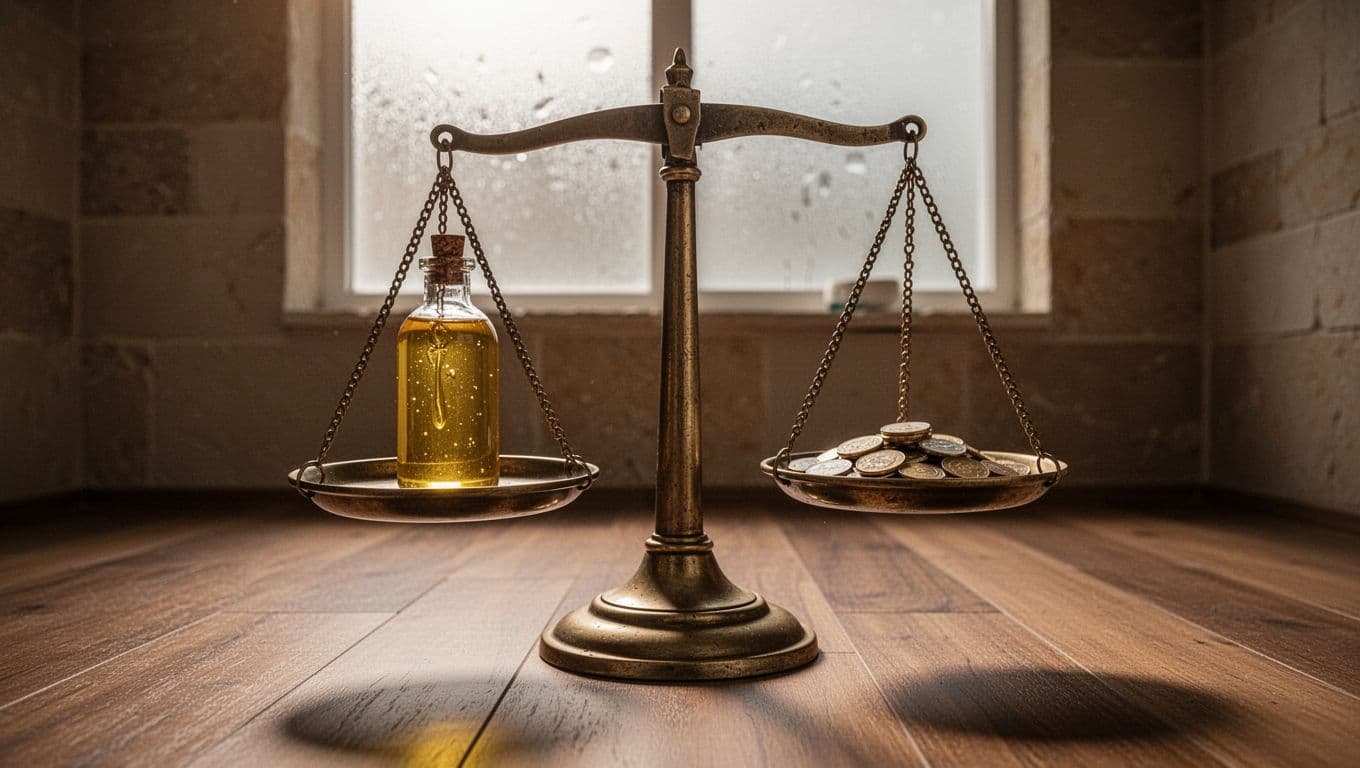 A brass balanced scale sits on a dark spa surface, holding a glass massage oil bottle on one tray and a stack of gold coins on the other. Soft warm light glows.