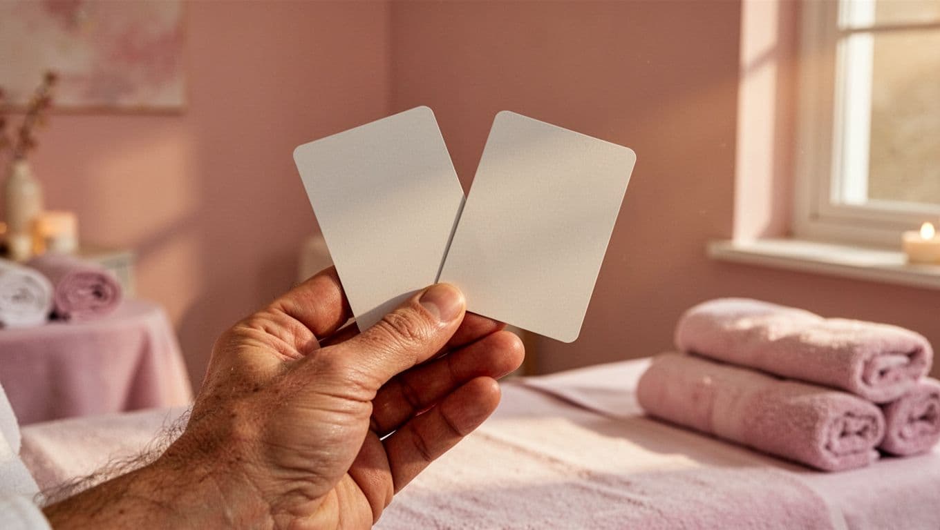 A person holds two different spa gift cards between their fingers in a warm, softly illuminated room. The focused hands suggest a careful decision regarding wellness quality and service value.