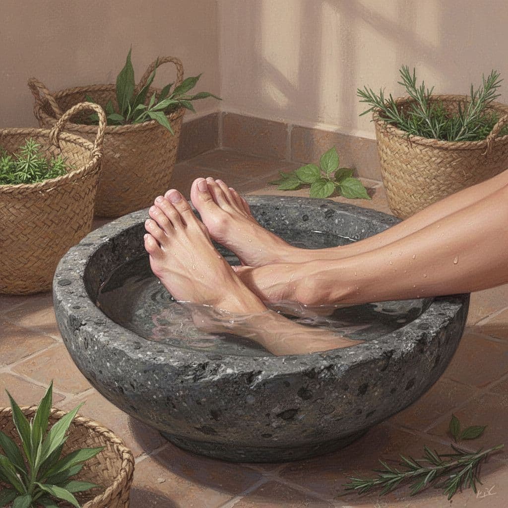 Cozy foot massage station with two feet soaking in a warm basin, featuring Nairobi spa ambiance, woven baskets, soft lighting, and watercolor-style blending with herbal green accents.