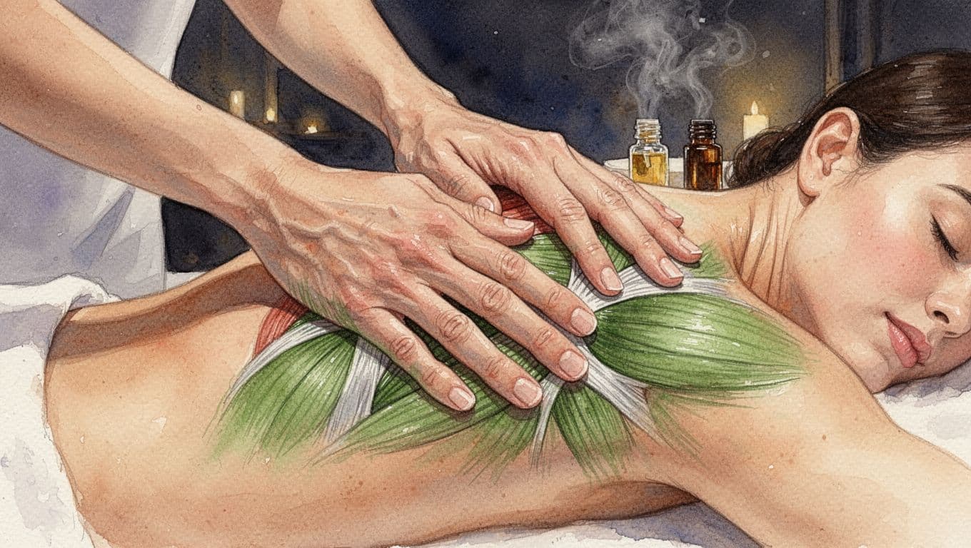 Watercolor close-up of therapist's hands massaging tense shoulder and upper back in dim-lit spa.