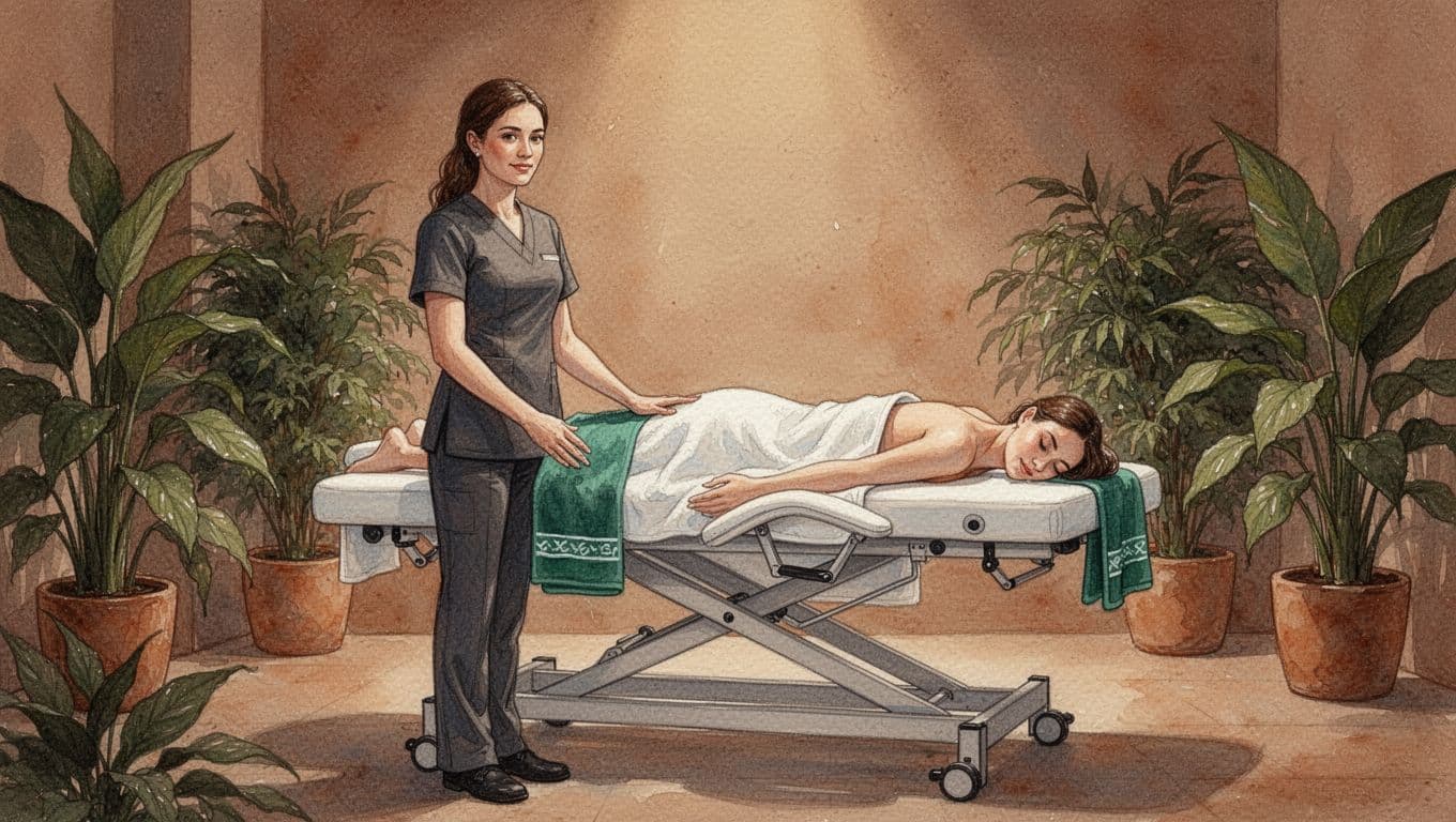 Female therapist in comfortable stance beside hip-height table with face-down client under towel in serene spa.
