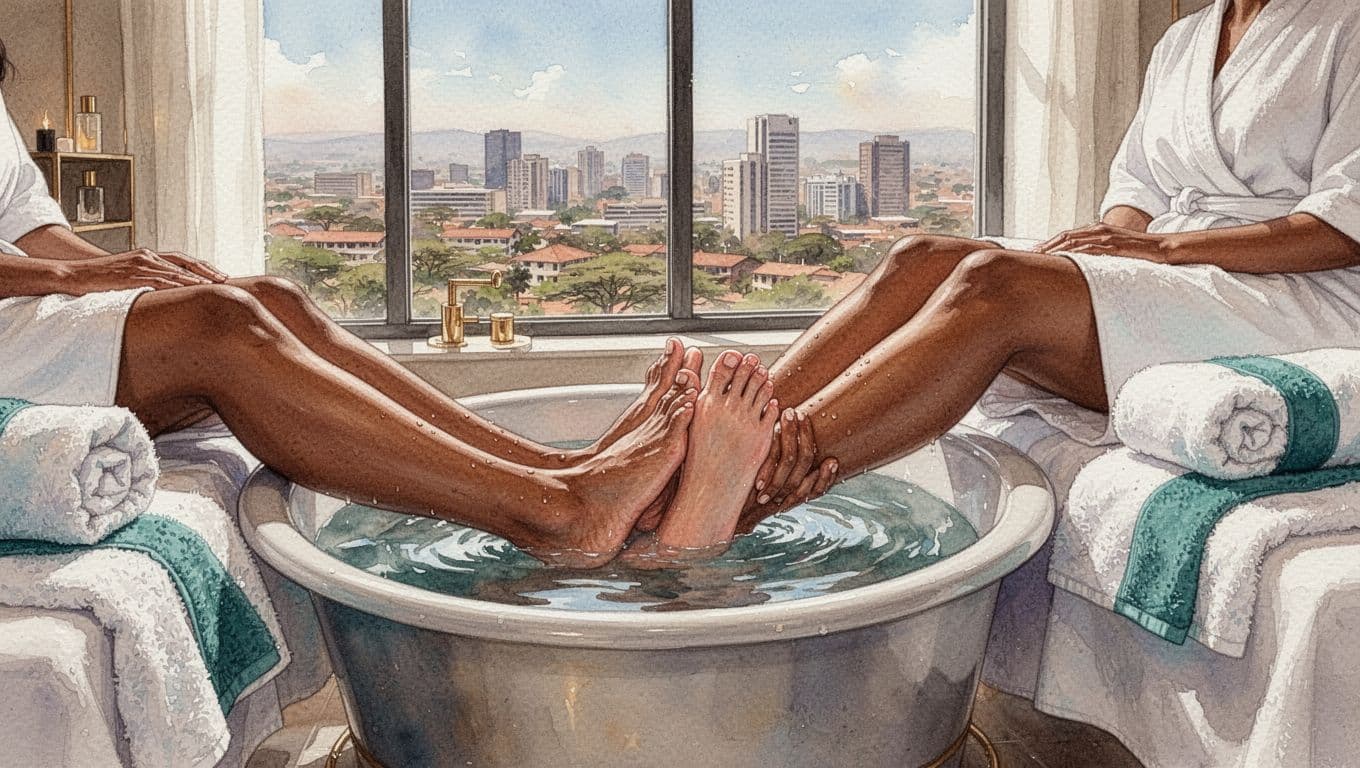 A person relaxing during a foot massage in a luxurious spa foot bath area, with a view of the Nairobi skyline through the window. Watercolor style with soft blending brush textures, feet in focus, serene atmosphere, and green accents in towels.