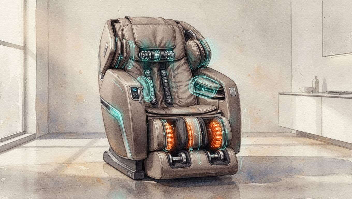 Close-up watercolor of high-end massage chair showing back rollers, arm airbags, and heated foot massager in minimalist room.