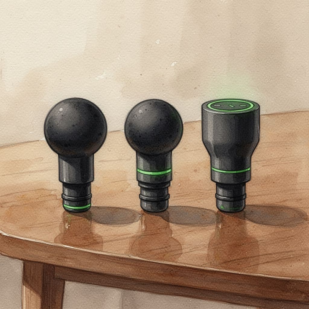 Close-up watercolor illustration of different massage gun attachments on a wooden table next to the device, arranged for selection with soft lighting and subtle green accents.