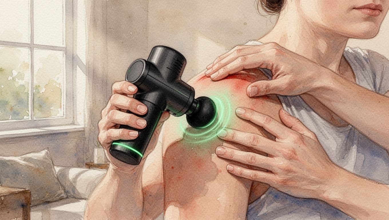 A hand holds a compact massage gun applying percussive therapy to a tense shoulder muscle in a home setting, rendered in watercolor style with soft blending, brush textures, natural light, and warm tones.