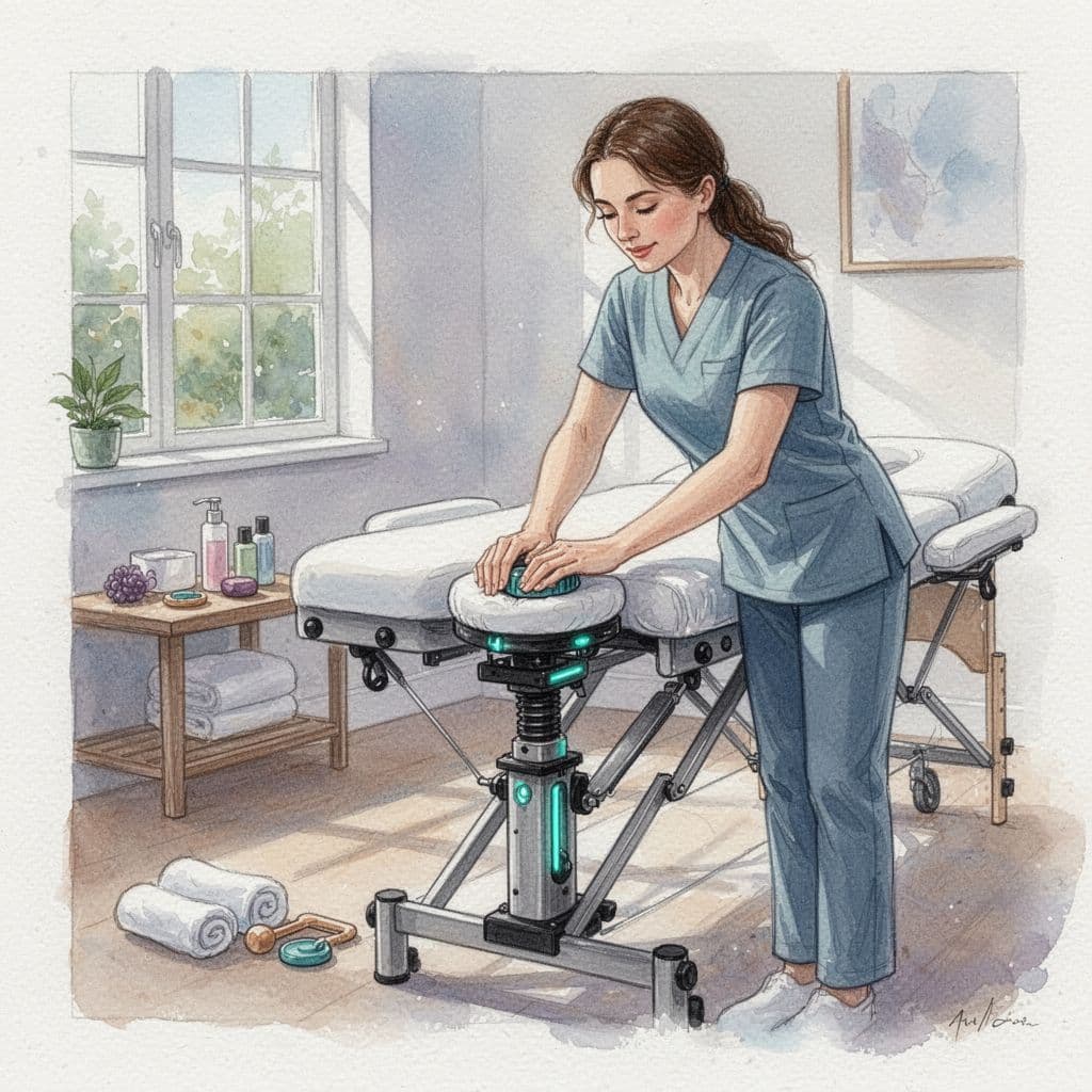 Massage therapist turns height knob on table with marked heights in home spa with nearby tools.