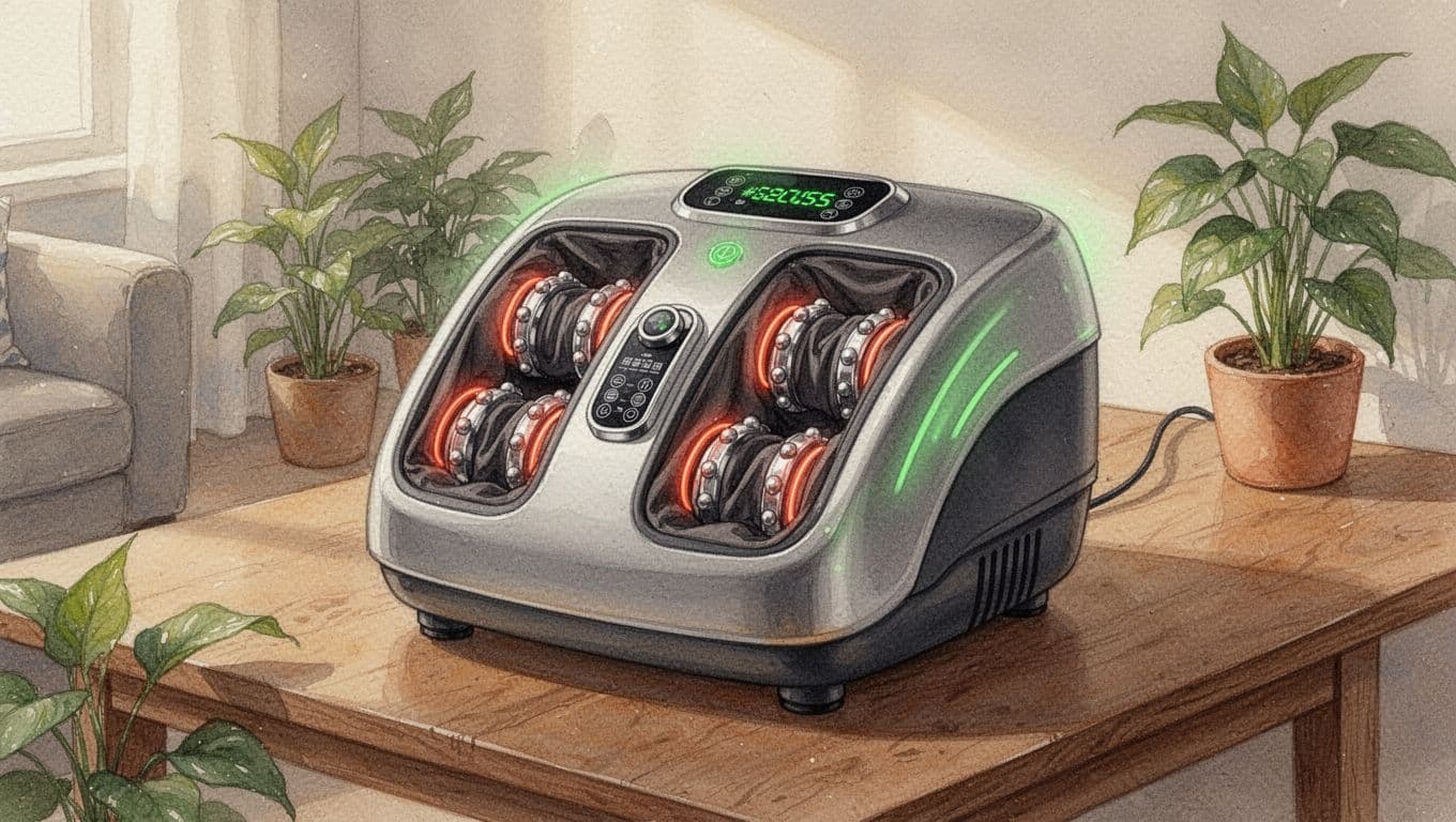 Electric foot massager on wooden table shows rolling nodes and heat vents with nearby plants in watercolor style.