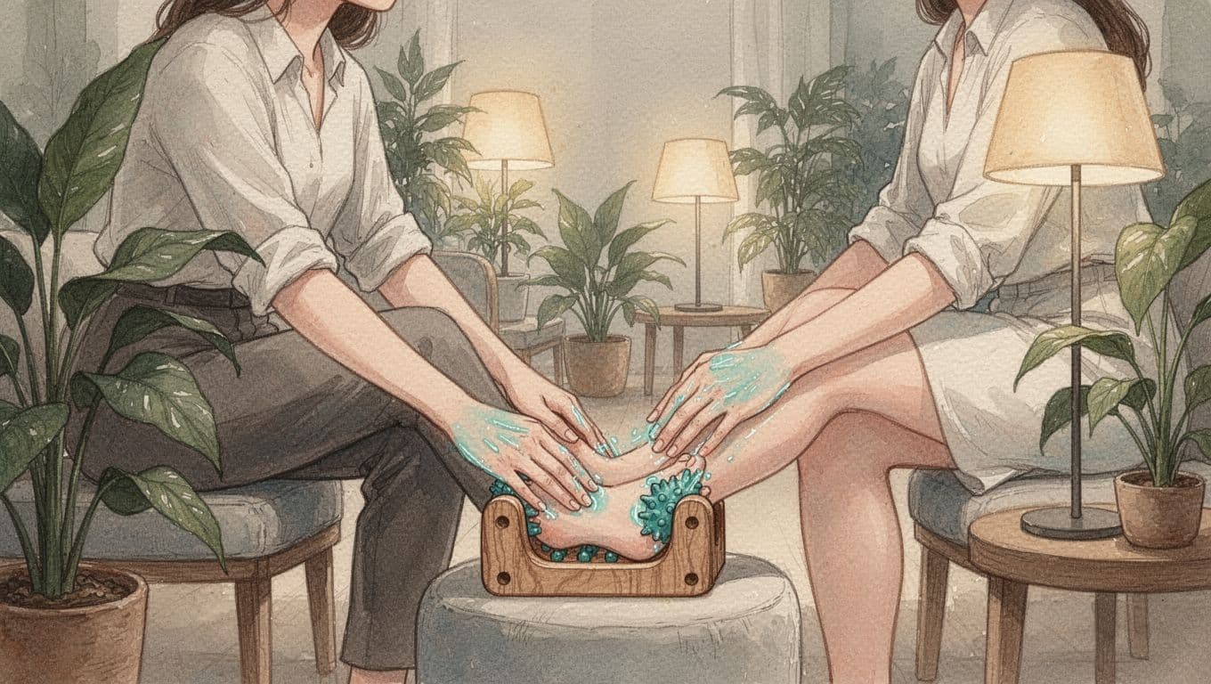 Therapist massaging client's feet with wooden tool on stool in plant-filled Nairobi lounge.