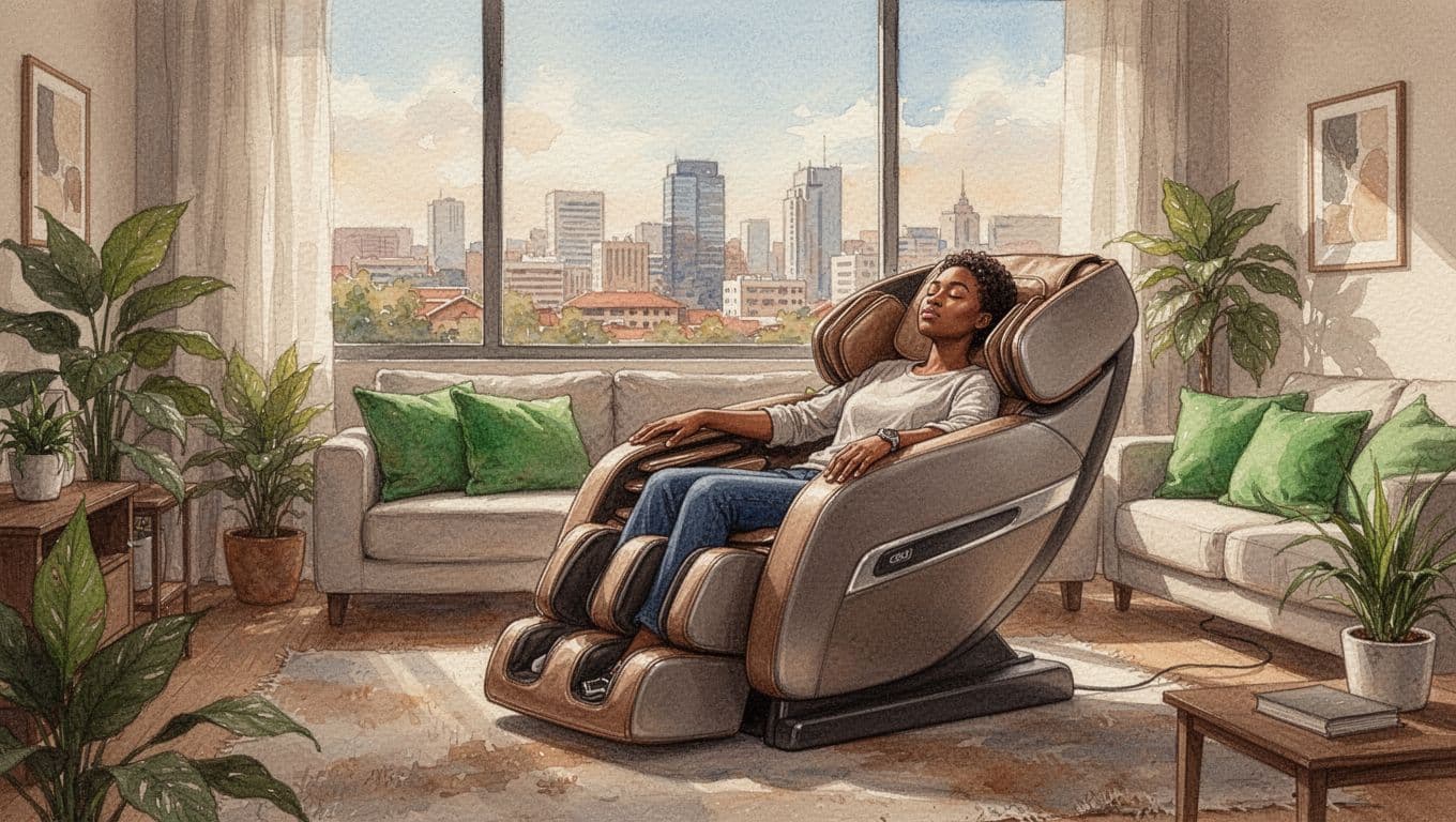 Person reclines eyes closed in modern massage chair in cozy Nairobi living room with city skyline through large windows.