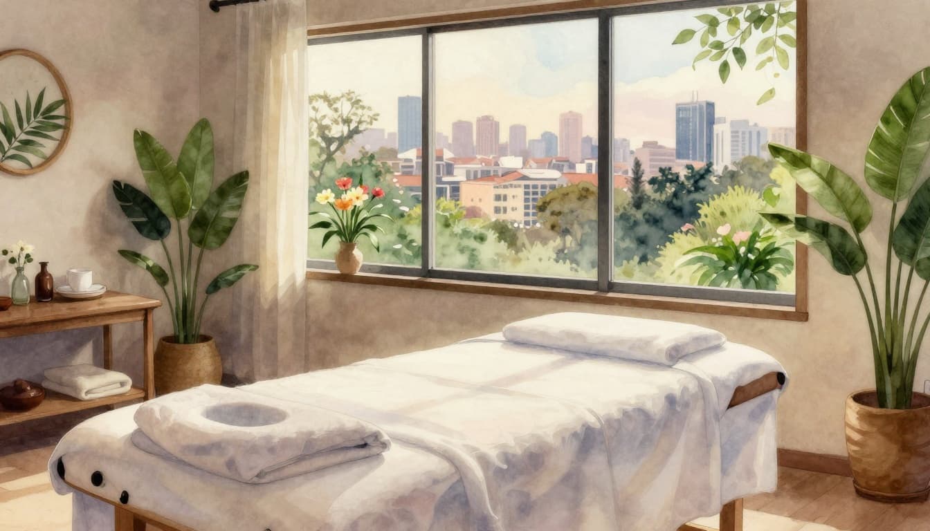 Watercolor interior of empty Nairobi spa with central massage table at optimal height, skyline through window, fresh flowers, and green accents in soft light.