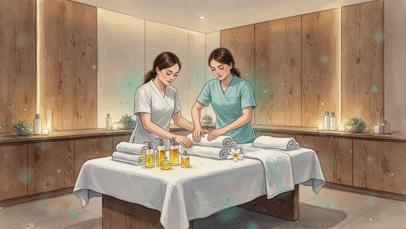 Modern massage spa interior in Nairobi featuring a massage therapist preparing a treatment table with folded towels and arranged oils. Inviting atmosphere with soft lights, wooden elements, in watercolor style with #22C55E accents.