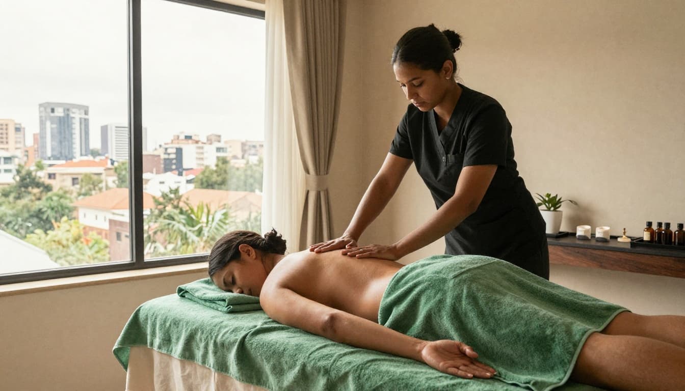 In a serene spa interior in Nairobi, a massage therapist performs a relaxing full body Swedish massage on a client lying face down on a professional table, surrounded by soft green towels, essential oils, and a subtle city skyline view through a large window, rendered in watercolor style with warm ambient lighting.