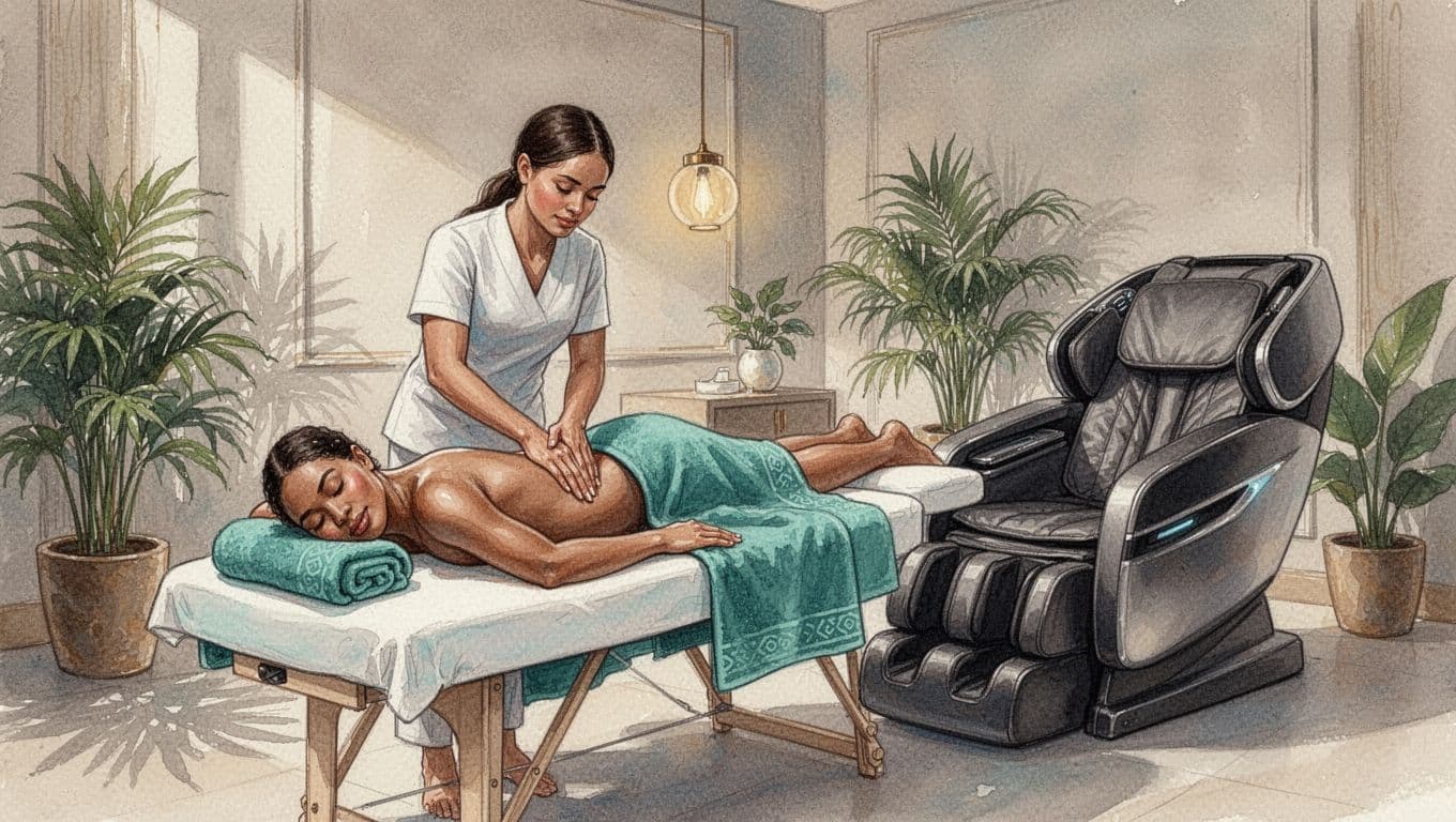 Therapist gives deep tissue massage to client on table next to massage chair in luxurious spa room.