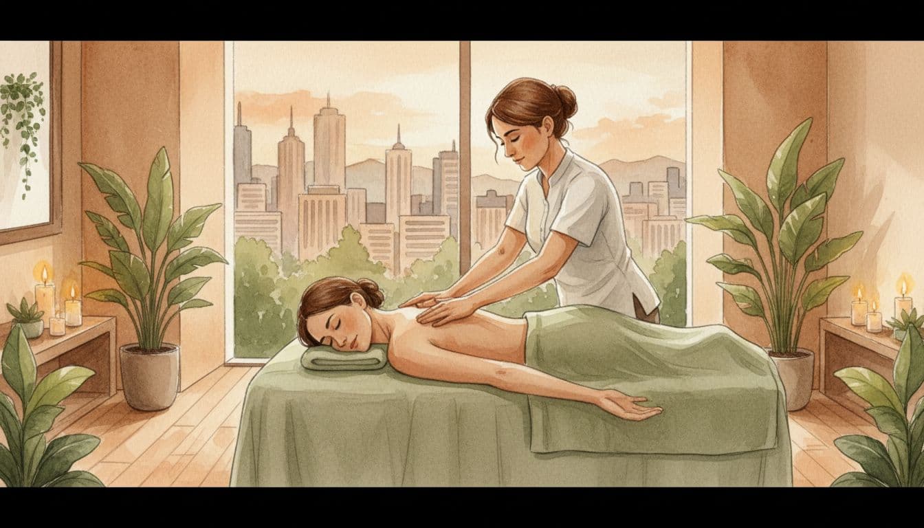 Skilled therapist applying firm pressure to shoulders and upper back of draped client in modern Nairobi spa with skyline view, warm candlelight, and green accents, in watercolor style.