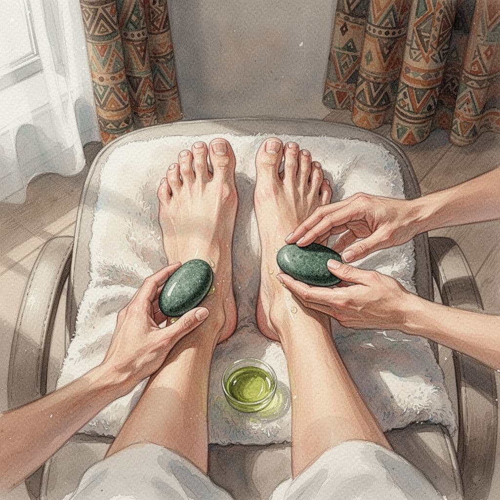 Close-up of feet receiving a gentle massage with oils and stones in a spa chair, featuring subtle Kenyan patterns and watercolor-style soft blending.
