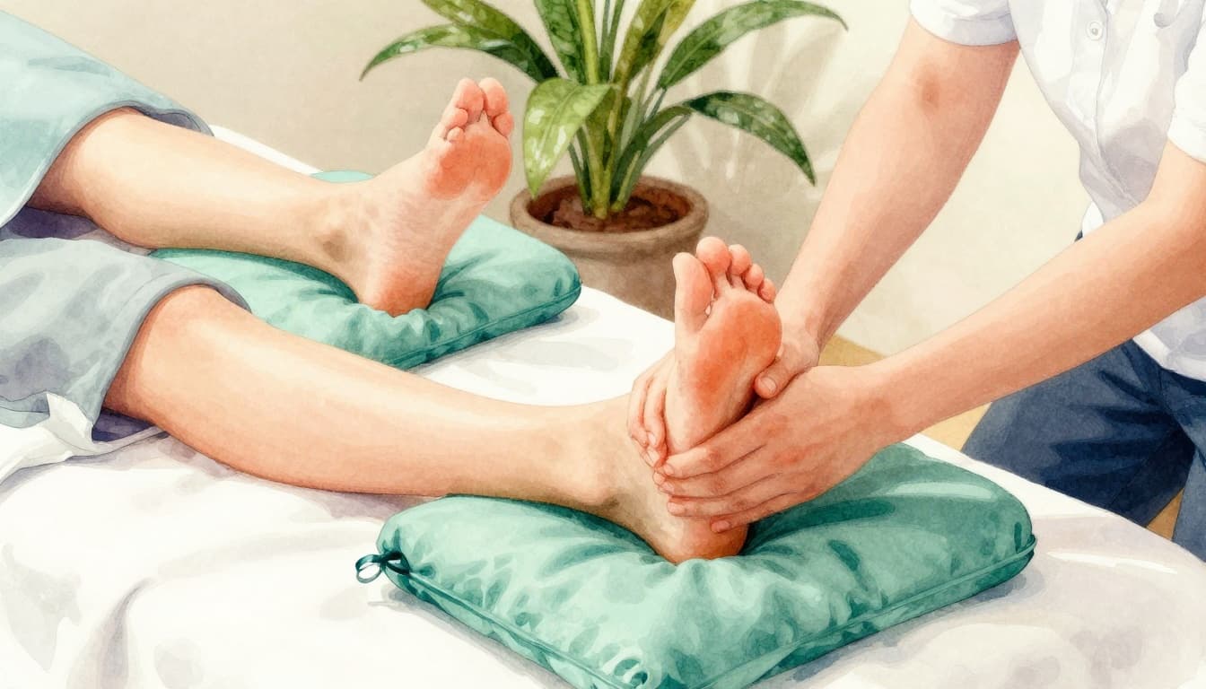 A therapist provides a focused foot massage to a client in a cozy Nairobi spa setting with plants, soft lighting, and watercolor style featuring #22C55E accents.