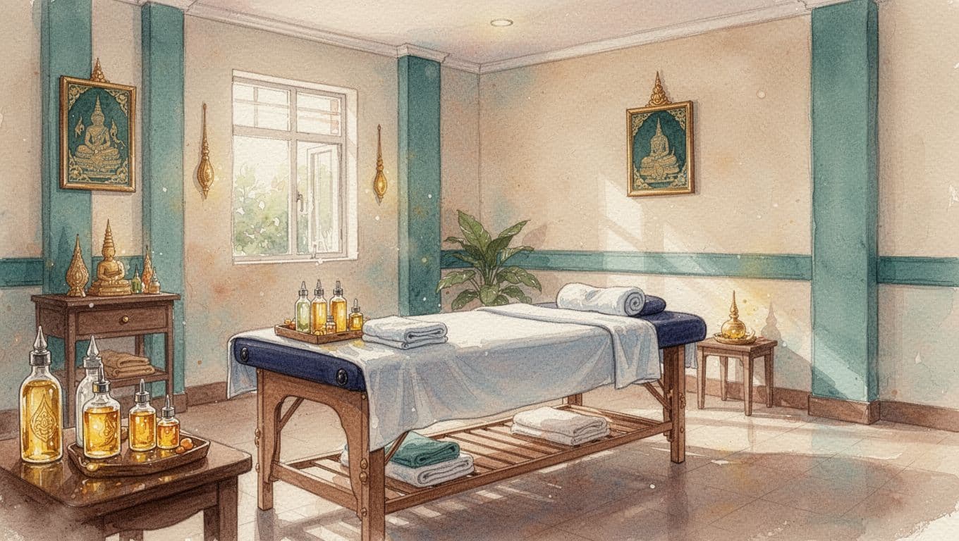 Empty Thai massage spa room in Nairobi with massage table, oils, towels, and green-accented decor in watercolor style.