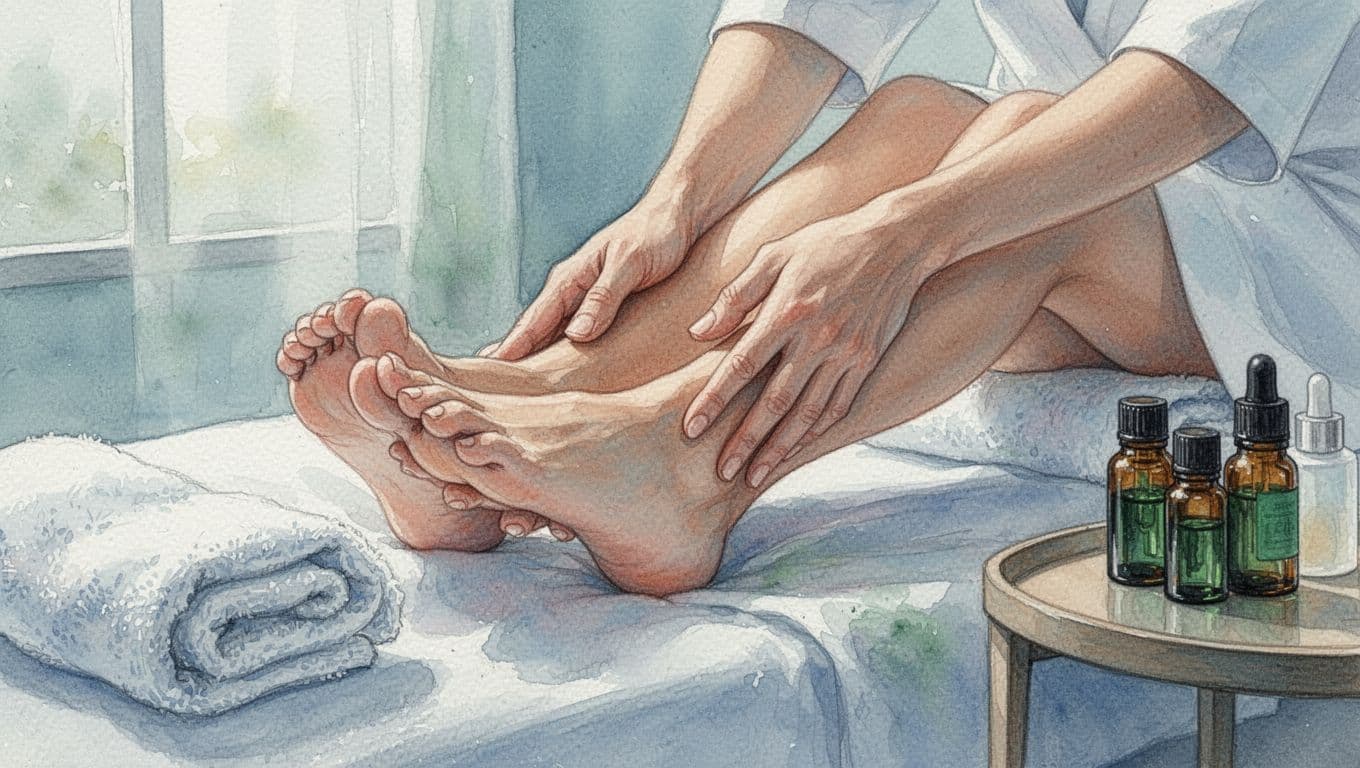 Close-up of bare feet gently massaged by hands in spa with towels and oils nearby, watercolor style.