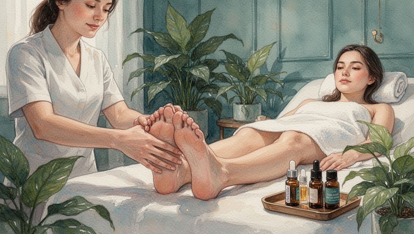 Therapist massaging client's feet in cozy Nairobi spa lounge with essential oils, warm lighting, and plants; watercolor style with soft blends and green accents.