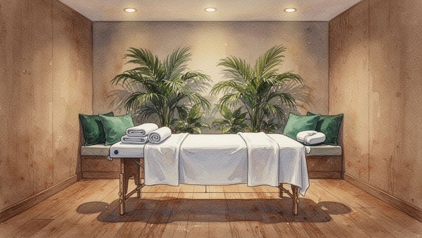 A peaceful, empty massage spa room in Nairobi with a comfortable table, neatly folded towels, and tropical plants in the background, rendered in watercolor style with soft blending, warm earthy tones, and green highlights.