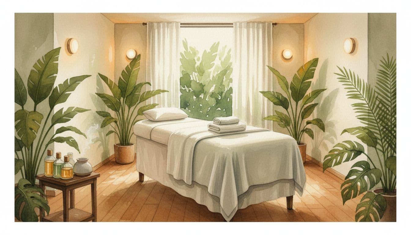 Serene interior of a professional massage spa in Nairobi, featuring a massage table draped in white towels, dim ambient lighting, tropical plants, and essential oil bottles, rendered in watercolor style with soft brush textures and warm green accents.