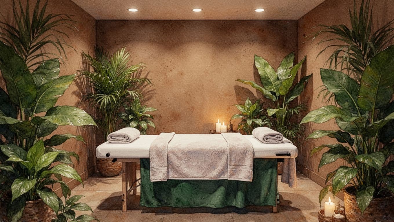 A serene massage spa room in Nairobi features a centered empty padded treatment table, soft towels, dim ambient lighting, and tropical plants in watercolor style with warm earth tones and green highlights.