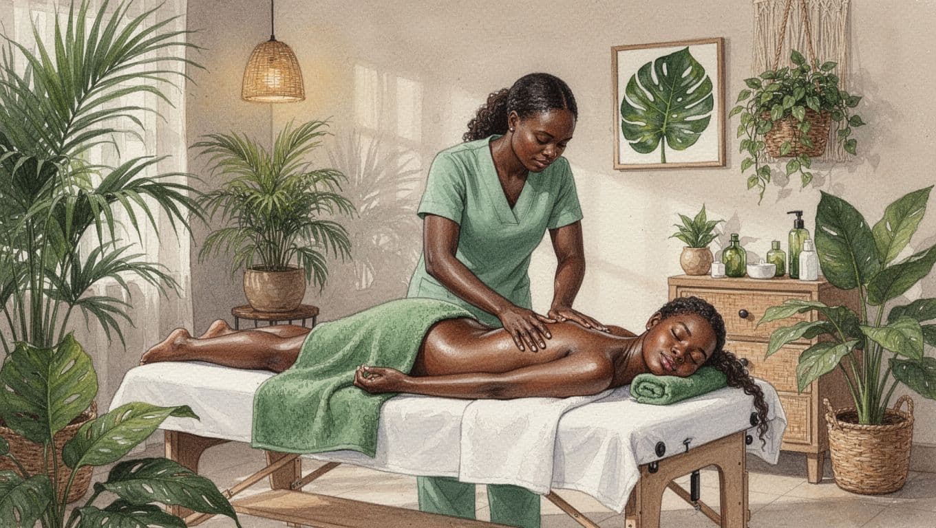 A watercolor-style depiction of a peaceful Nairobi spa interior with a massage table, soft lighting, tropical plants, and a therapist providing a full-body massage to a relaxed client.