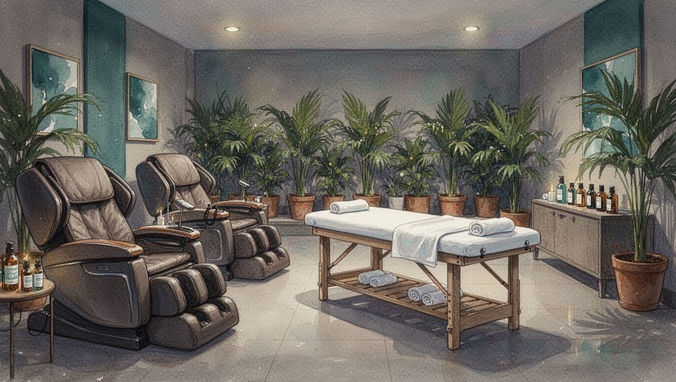 Watercolor spa lounge with massage chairs, empty table, essential oils, tropical plants, green accents, and dim lighting.