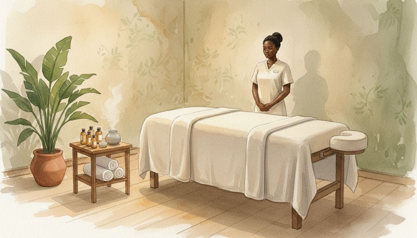 Serene Nairobi spa interior shows a prepared massage table under dim warm lighting, with fresh towels, essential oils on a side table, and a potted green plant. A single female massage therapist in uniform stands calmly in watercolor style with soft blending and visible brush texture.