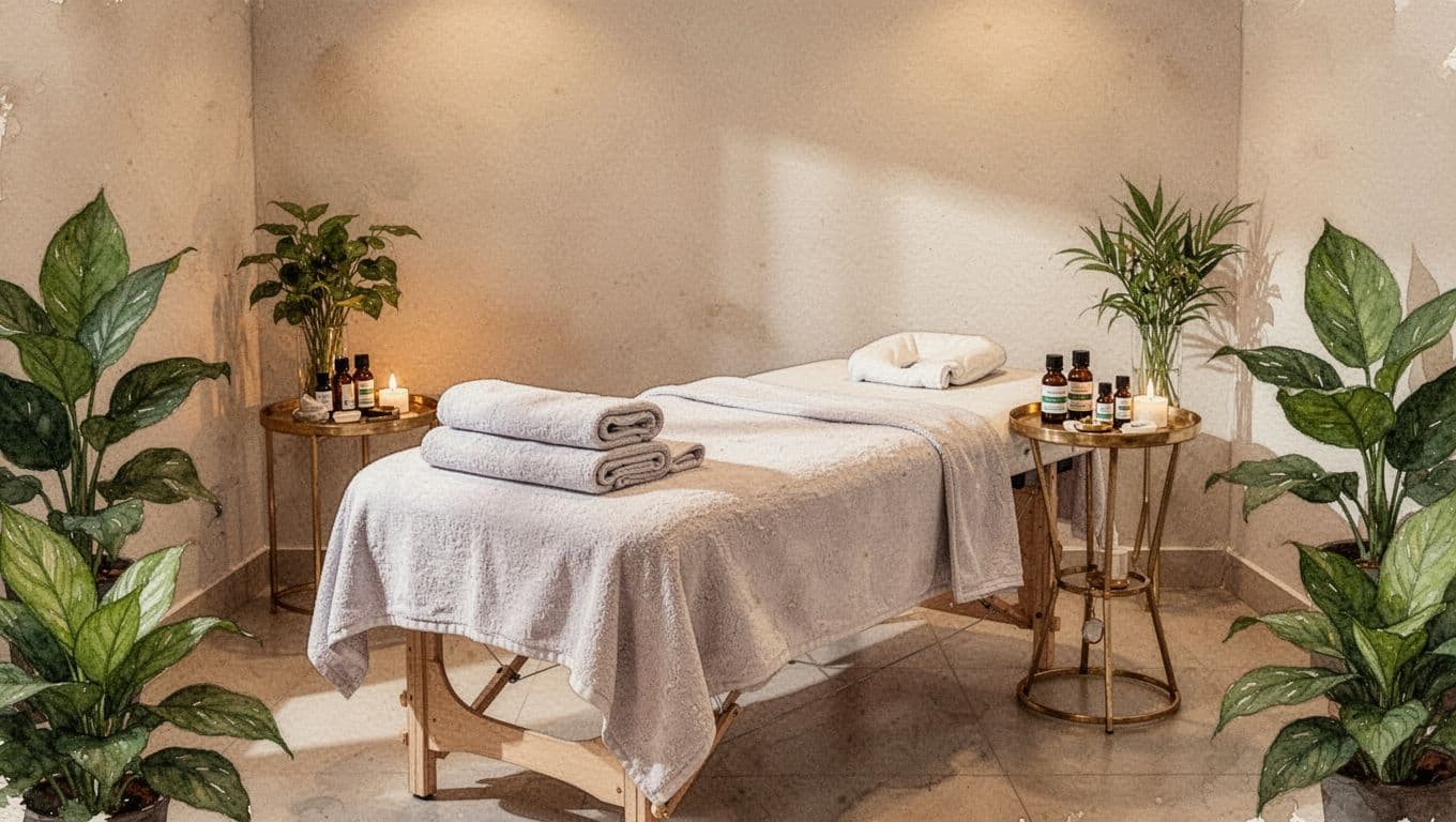 A serene empty spa room in Nairobi features a prepared massage table for Swedish massage, neatly folded towels, essential oils, warm lighting, and subtle green accents in watercolor style with soft brush textures.