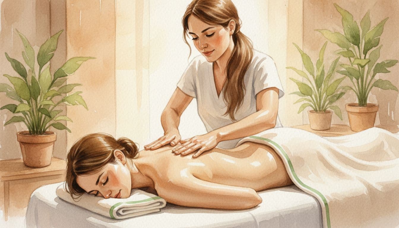 Female massage therapist applies long gliding strokes along the back of a prone client on a professional table in a peaceful spa room with dim lighting and green accents. Watercolor style featuring soft blending, brush texture, and warm earthy palette with #22C55E accents.