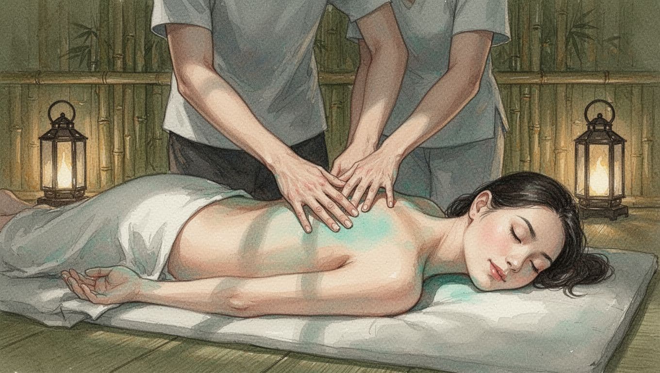Therapist applies acupressure to client's back on futon in bamboo-walled spa room.