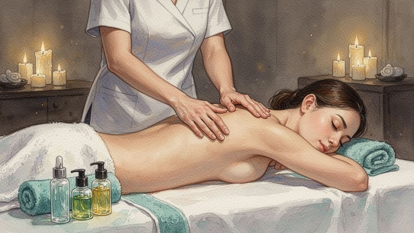 A skilled massage therapist performs gentle Swedish massage strokes on a client's back in a serene spa room with dim lighting and candles. Close-up watercolor composition focusing on hands and back with soft blending and visible brush texture.