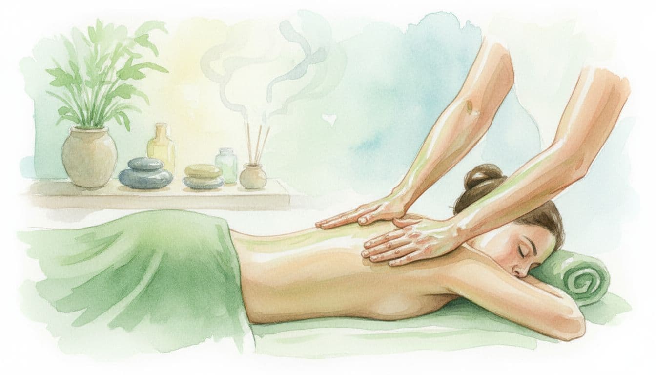 Professional therapist hands performing Swedish massage on a client's back in a serene spa setting with oils and soft towels, watercolor style with green accents.