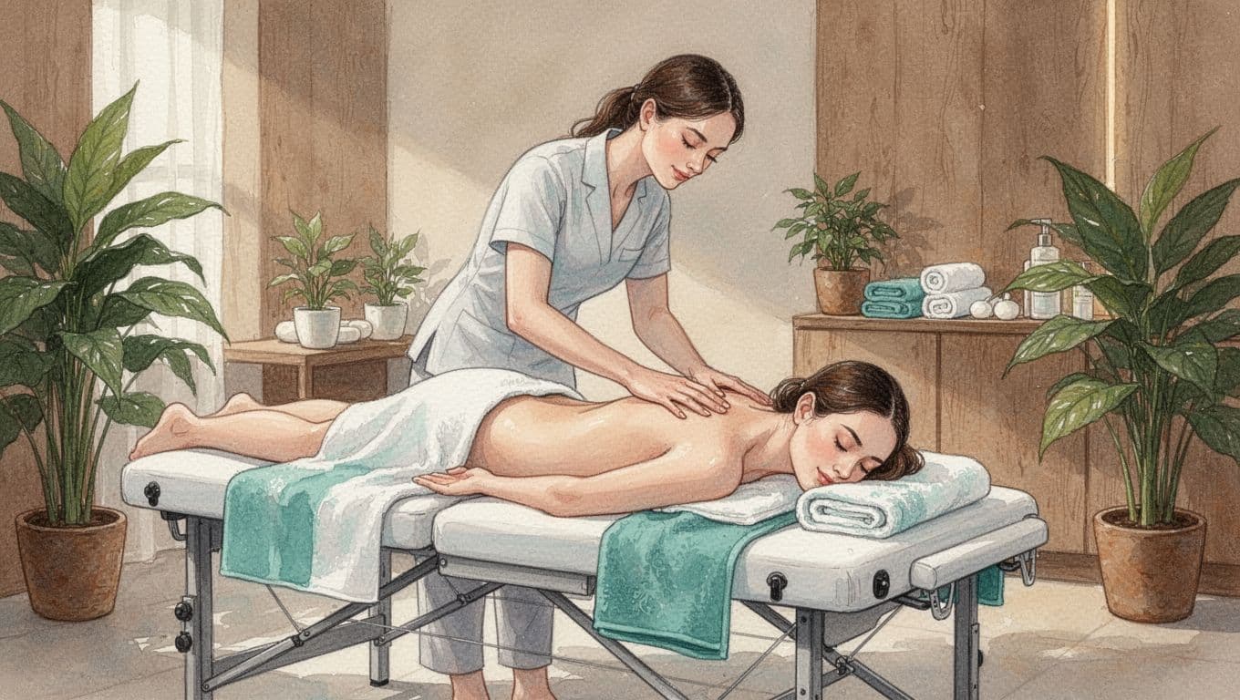 Therapist performs Swedish full-body massage on face-down client on table in spa with wooden accents and plants.