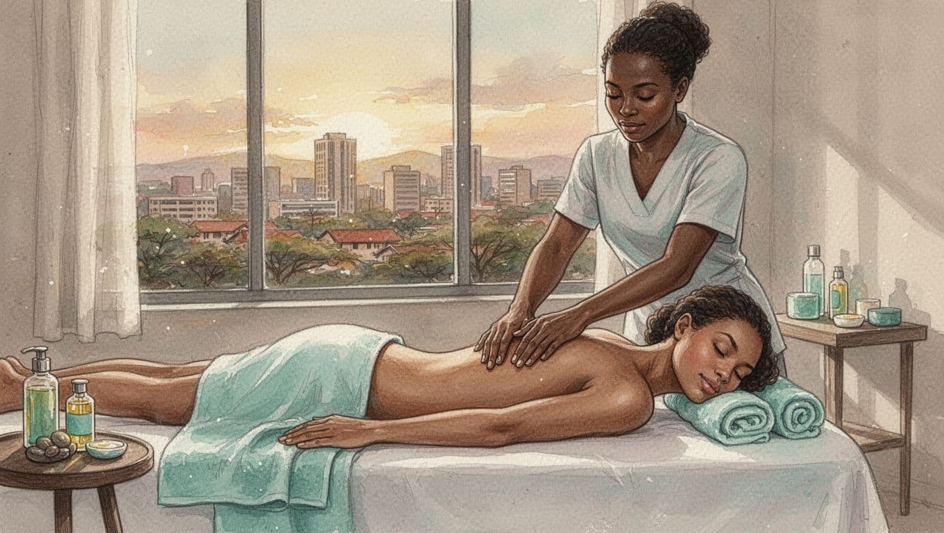 A person receives a Swedish massage on a table in a cozy spa with a masseuse's hands on their back, Nairobi city view through the window, in watercolor style with soft blending.