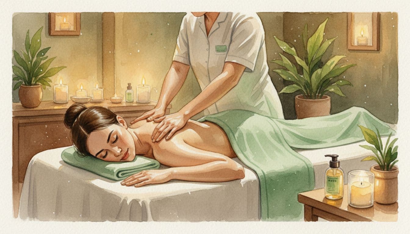 A professional therapist gently presses a client's shoulders during a Swedish back massage in a calm Nairobi spa with dim lights and candles, illustrated in soft watercolor style with visible brush textures.