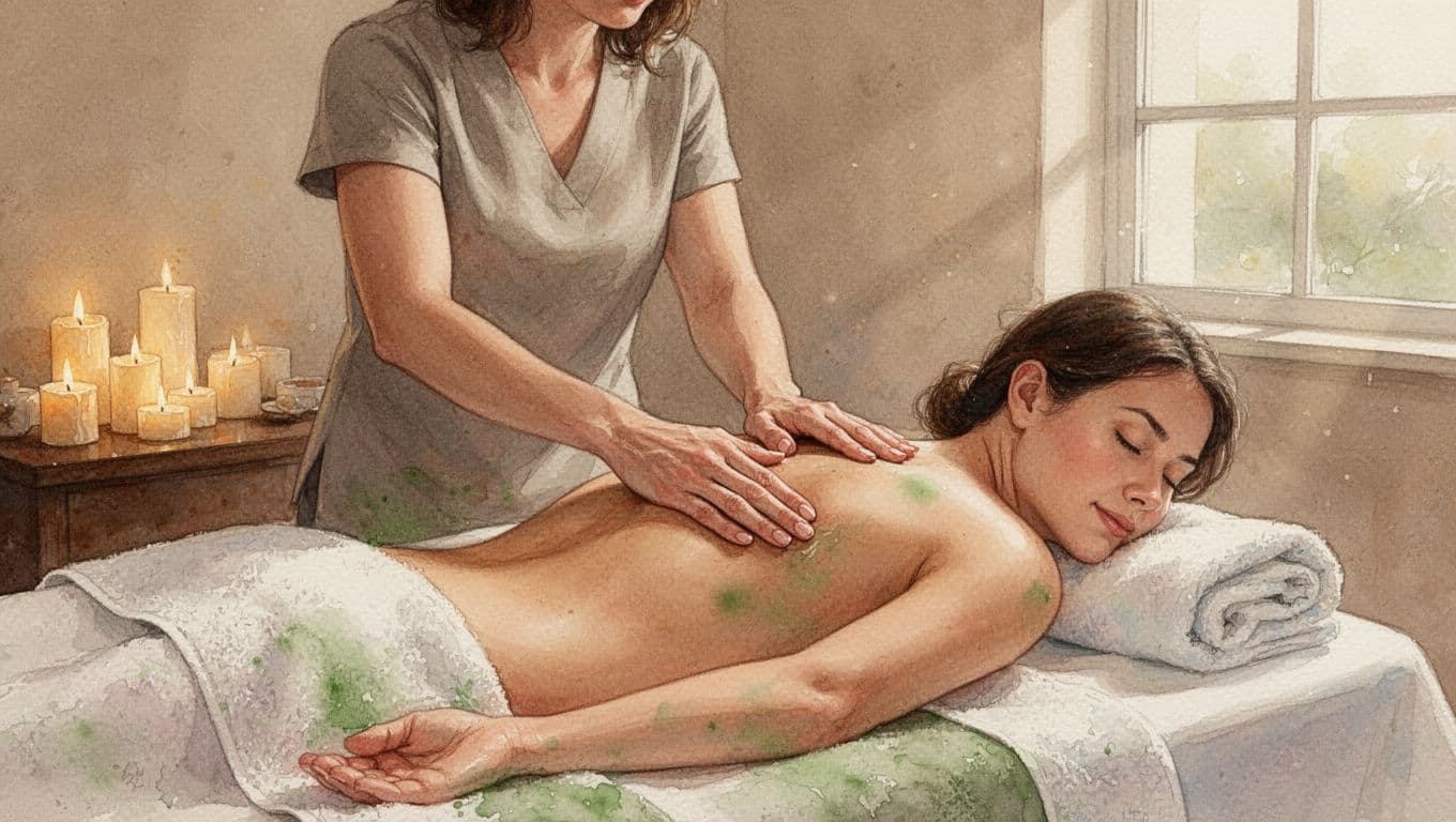 Therapist applies strokes to client's back in cozy Nairobi spa room with towels and candles.