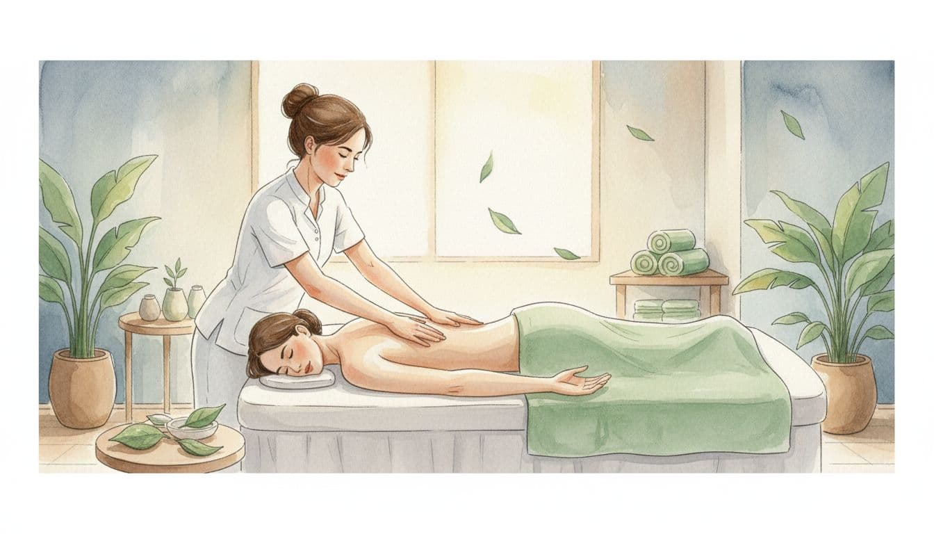 Therapist performs Swedish massage on client's back in spa room with soft lighting.
