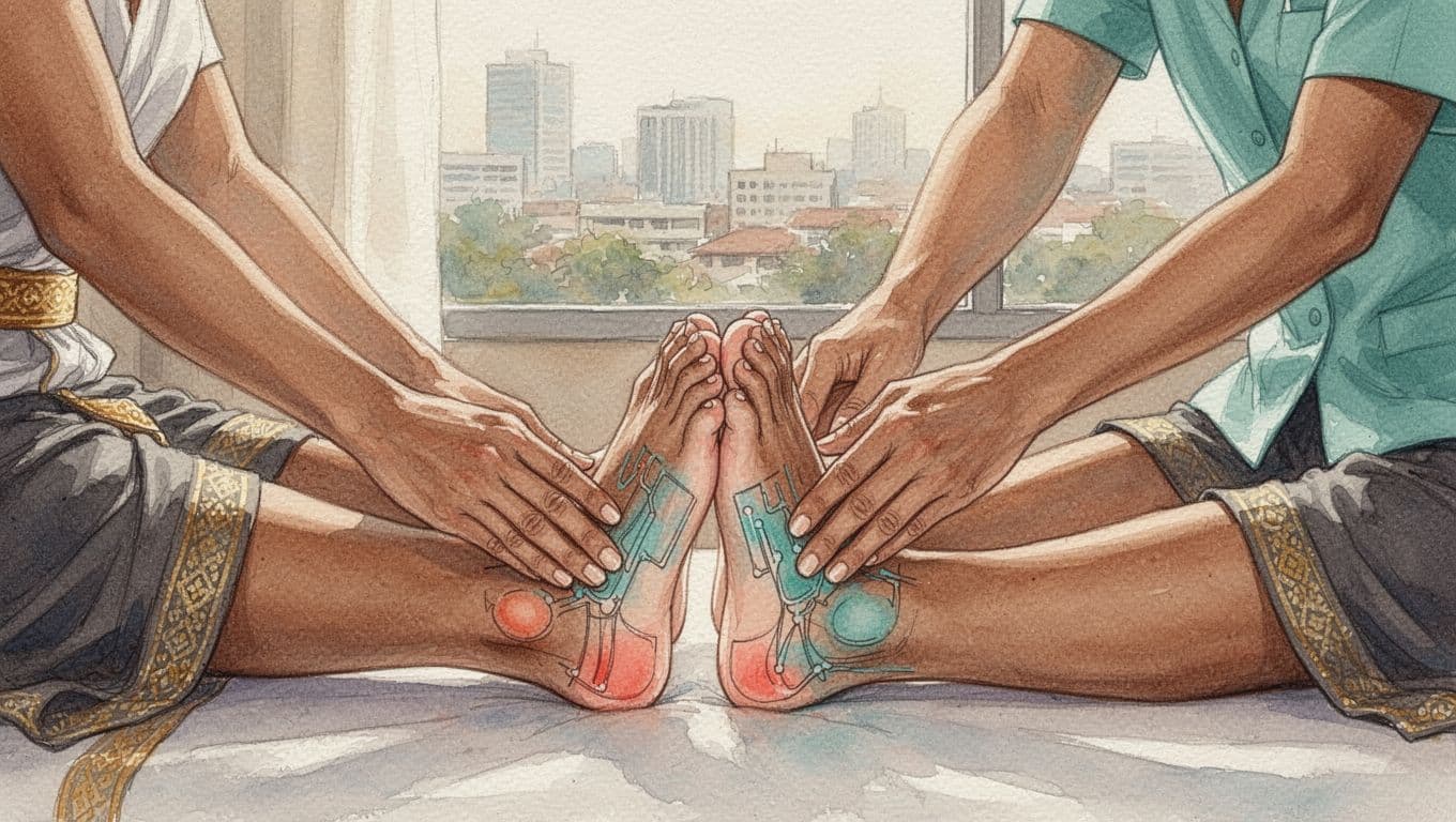 Therapist's hands work reflex points on client's feet in relaxed Nairobi spa with subtle city view, watercolor style.
