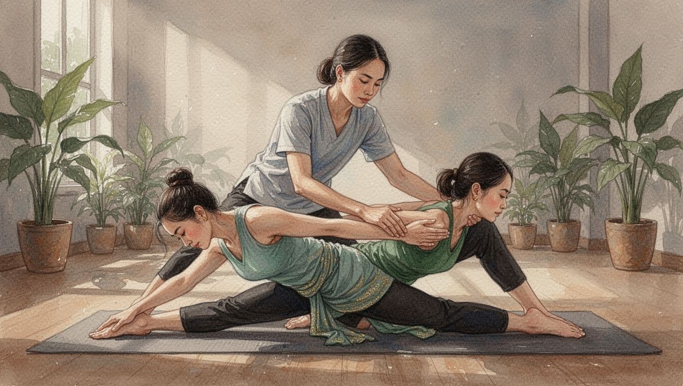 Therapist assists client in yoga-like stretch on mat in dim spa with plants.