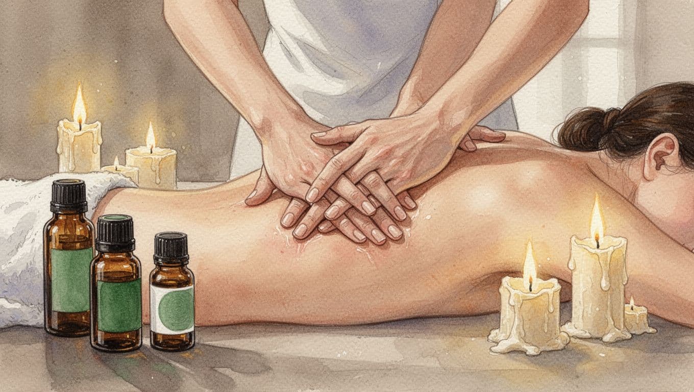 Hands performing a deep tissue massage on a back in a cozy spa room with essential oils and candles nearby. Watercolor style featuring soft blending, visible brush texture, and consistent background tone.
