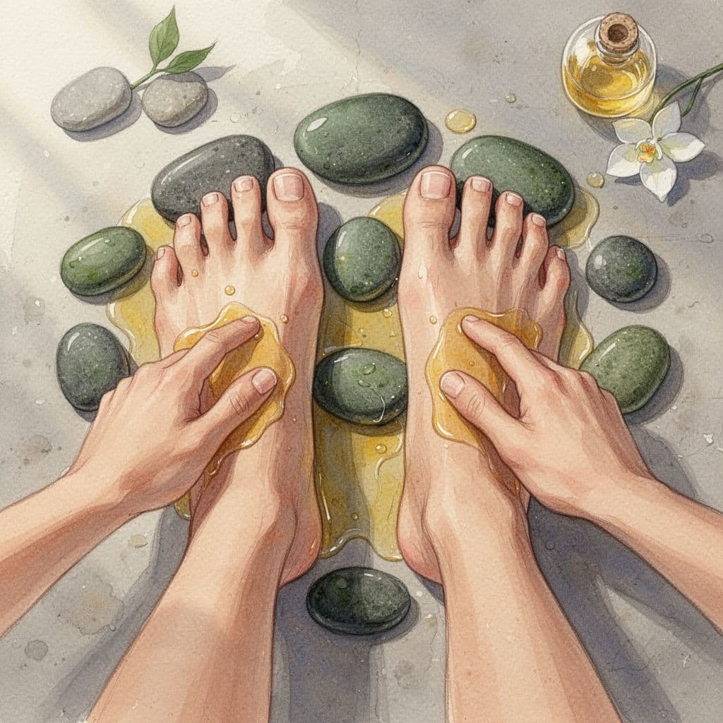 Close-up top view of a pair of feet during a relaxing massage with oils and green stones in a spa setting, featuring soft watercolor blending and visible brush textures under natural light.