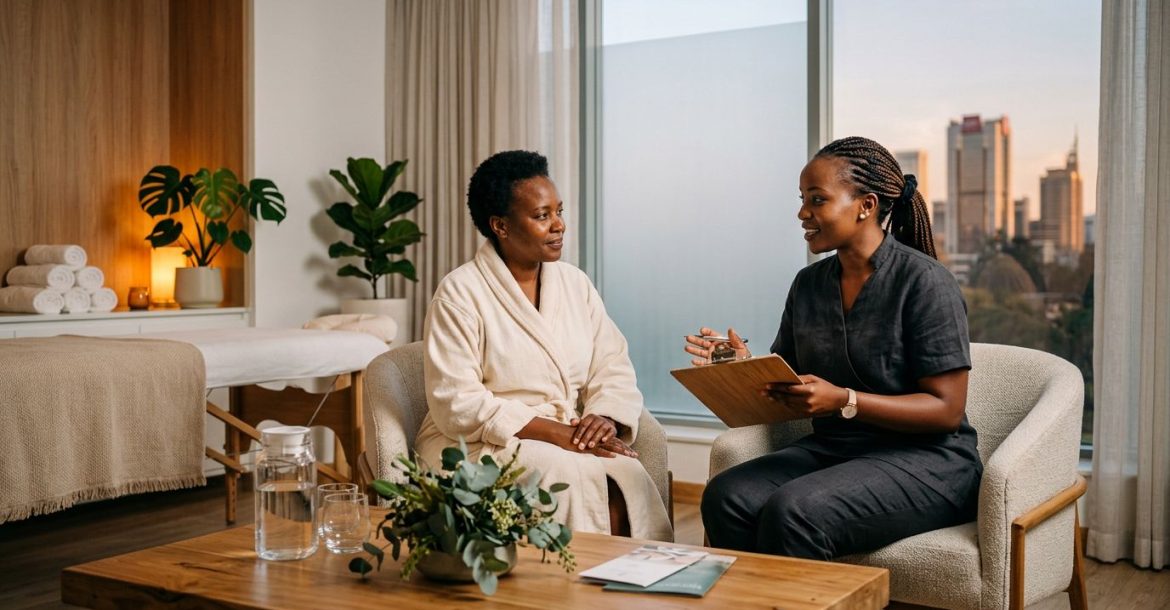 A therapist in a charcoal uniform consults with a client in a cream robe inside a wellness room.