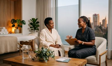 A therapist in a charcoal uniform consults with a client in a cream robe inside a wellness room.