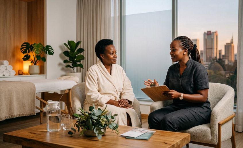 A therapist in a charcoal uniform consults with a client in a cream robe inside a wellness room.
