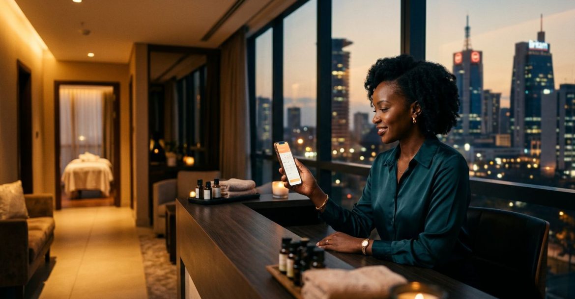 A woman checking a booking app on her phone at a modern spa reception desk.